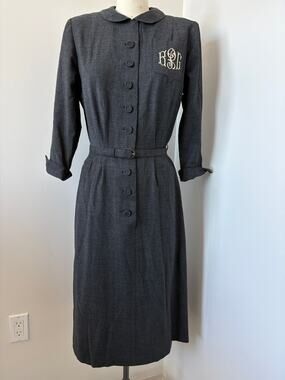 VTG 50s Custom Bespoke 100% Virgin Wool Dress Size S Monogrammed Heritage
